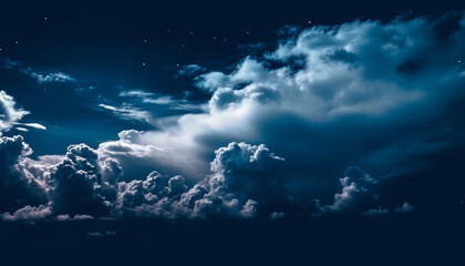 Wall Mural - Shiny moonlight illuminates panoramic horizon, fluffy clouds pattern the sky generated by AI