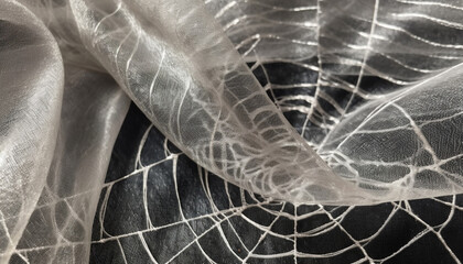 Transparent nylon netting catches dew on spider web in nature generated by AI