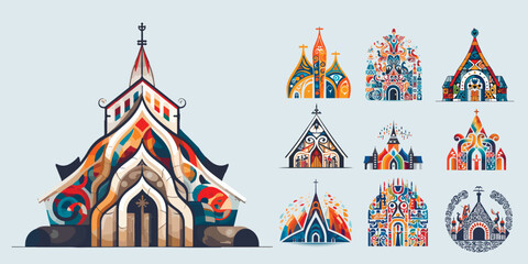 Vector ornamental traditional decorative church set illustration. Abstract historical mythology cabin logo. Good for print or tattoo