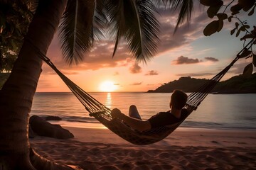 man relaxing in a hammock on the beach at sunset