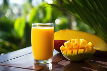 Fresh tropical fruit smoothie mango juice and fresh mango on a outdoor tropical background