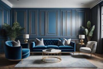 Wall Mural - Blue sofa and armchair against black paneling wall. Art deco home interior design of modern living room