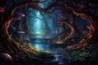 Enchanted forest with colorful flowers and mushrooms. Fantsy illustration.