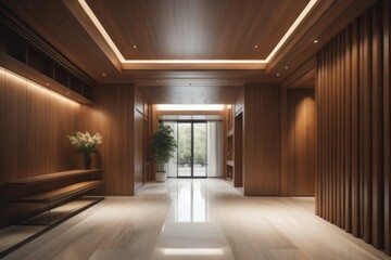 Wall Mural - Elegant interior design of modern spacious entrance hall with door and wooden paneling walls