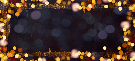 Aufkleber - Frame of lights bokeh golden flares, isolated on dark blue concrete night texture illustration - Holiday New Year's Eve Silvester New Year Party Christmas background banner panorama greeting card
