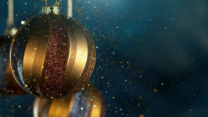 Sticker - Decorative Christmas Balls with Bokeh Lights and Glitters Falling. Super Slow Motion Filmed on High Speed Cinema Camera at 1000 fps.