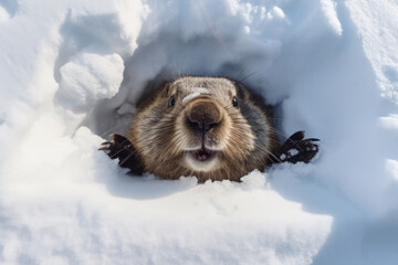 Wall Mural - Groundhog coming out of his hole in the snow, winter time