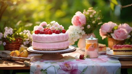 Poster - A table topped with a cake covered in strawberries. Generative AI.