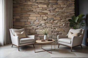 Two armchairs against stone pebble cladding wall. Mediterranean home interior design of modern living room