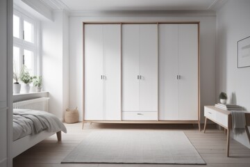 Wall Mural - White wooden wardrobe in scandinavian style interior design of modern bedroom