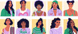 Big set of trendy female avatars. Diverse women vector portraits in groovy style. Girl power concept. 