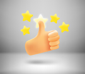 Poster - Thumbs up and shining stars in a hand. 3d vector banner 