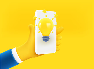 Fototapete - Businessman holding smartphone lightbulb on the screen. Hot concept. 3d vector illustration