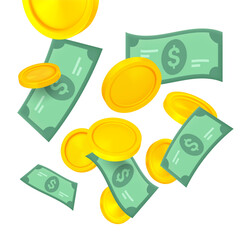 Poster - Gold coins and banknotes falling down. 3d vector illustration isolated on white