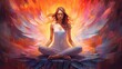 a woman with fiery wings meditates in the lotus position