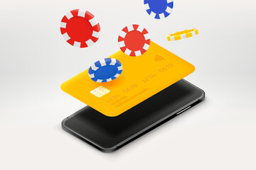 Poster - Casino chips, bank card and smartphone. 3d vector illustration