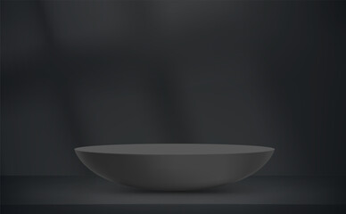 Poster - Black interior with light of a window and circle podium. Vector 3d illustration with shadow overlay effect
