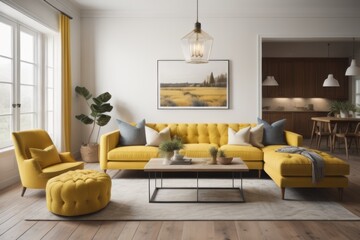 Yellow tufted sofa near rustic coffee table. Scandinavian home interior design of modern two story living room