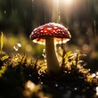 Red and white spotted mushroom, Amanita Muscaria, hallucinogenic mushroom. Beautiful mushroom glowing in sunlight with rain drops. 