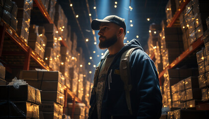 Young adult man working outdoors in illuminated city generated by AI