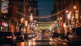 Fototapeta Miasto - A festive background with a bustling city street adorned with holiday lights, shoppers, and a vibrant atmosphere, capturing the excitement of urban holiday celebrations