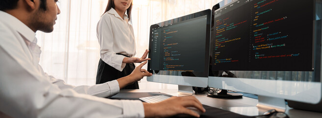 Wall Mural - Software development team working together in office, coding script display on computer monitor. Programmer and software engineer working in tech developer company. Trailblazing