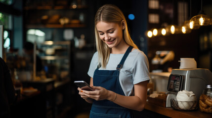 Canvas Print - A cafe worker, wearing an apron and using a smartphone, standing at the counter of a warmly lit cafe with coffee equipment in the background.