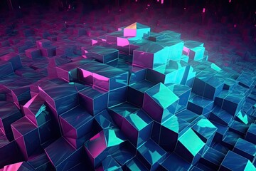 Leinwandbilder - Futuristic 3D geometric shape background, virtual environment filled with holographic, pulsating geometric shapes, creating a surreal, immersive experience, 3D modeling holographic texture