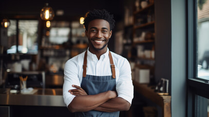 Sticker - Smiling man small business owner in apron standing confidently in front of a cafe, with warm lighting and blurred interior details in the background.