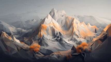 Poster - Screensaver on a PC in gray-orange colors from low-poly mountains. AI generative.