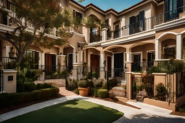 The cozy charm of a gated community's townhouses, featuring uniform yet elegant architecture