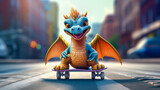 Smiling blue 3d dragon on a skateboard on a city street. Symbol of 2024.