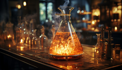 Poster - Flame burning glass, liquid pouring, glowing candlelight, whiskey in flask generated by AI