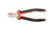A metal side cutters with orange black rubber electrical insulating handles. Electrician tool for repair and construction. Isolated on transparent background. Top view.