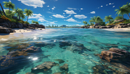 Wall Mural - Tropical palm trees sway near turquoise underwater reef generated by AI