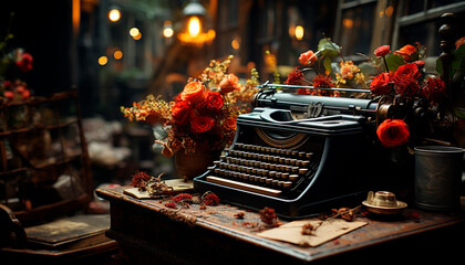 Fototapete - Old fashioned typewriter on rustic wooden table, a nostalgic decoration of memories generated by AI