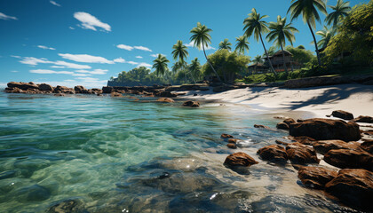  Tropical palm trees sway, waves crash, paradise awaits generated by AI
