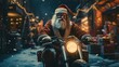 Santa Claus on a motorcycle on Christmas Eve leaving to deliver presents