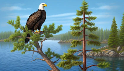 Sticker - Majestic bald eagle perching on branch, hunting fish in pond generated by AI