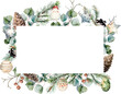 Watercolor vector winter horizontal frame with borders made spruce, fir, cedar branches, eucalyptus, pine cones, winter berries, christmas toys. Banner. Hand drawn.Template space for text, message.