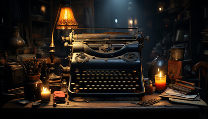 Fototapete - An old fashioned typewriter on a dark table, surrounded by books generated by AI