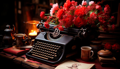 Fototapete - Old fashioned typewriter on antique table, surrounded by books and papers generated by AI