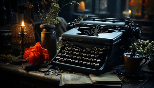 Antique typewriter on rustic wooden table evokes nostalgia for literature generated by AI