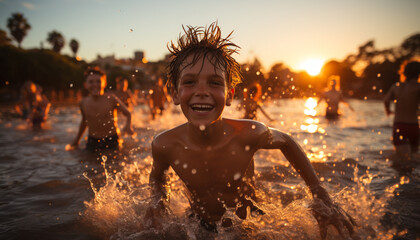 Sticker - Smiling boys playfully splash in the sunset water generated by AI