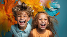 Cheerful Children, Boy And Girl On A Colored Background In The Studio, Brother And Sister, Child, Kid, Toddler, Childhood, Portrait, Face, Emotional, Expression, Joy, Friends, Happiness, Baby, Clothes