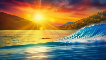 Poster - Sunset over the tranquil seascape, surfers ride the waves generated by AI