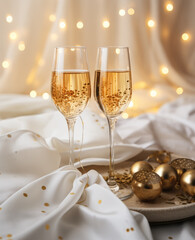 Wall Mural - Glasses of champagne or sparkling wine served on a gold tray ready for Christmas or New Year celebration.