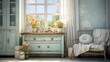 Wallpaper, interior decoration of a home in shabby chic style.