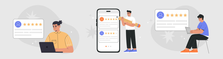 Set of customer review concept. Young people giving feedback review online and mobile apps, consumer satisfaction rating. Hand drawn vector illustration isolated on background, flat cartoon style.