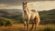 A white horse standing on top of a grass covered field. Generative AI.